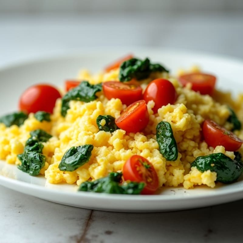 Fluffy Scrambled Eggs with Sautéed Spinach and Cherry Tomatoes