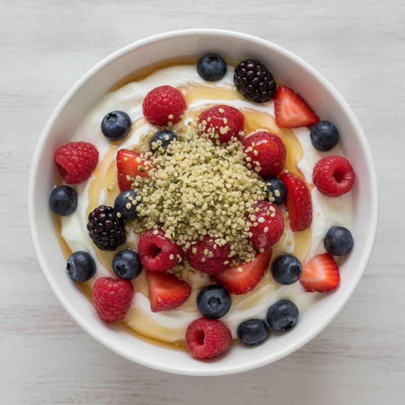 Greek Yogurt Parfait with Mixed Berries and Hemp Seeds