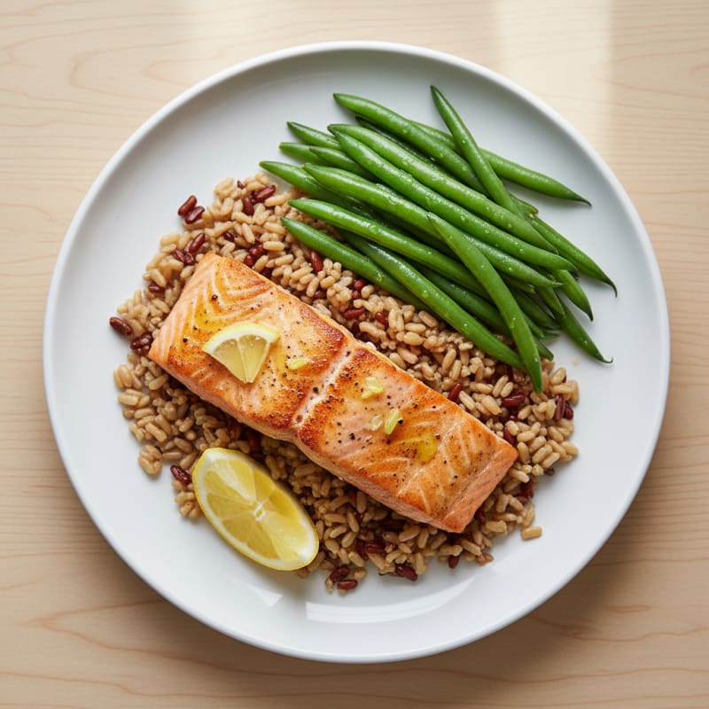 Seared Salmon Fillet with Steamed Green Beans and Brown Rice