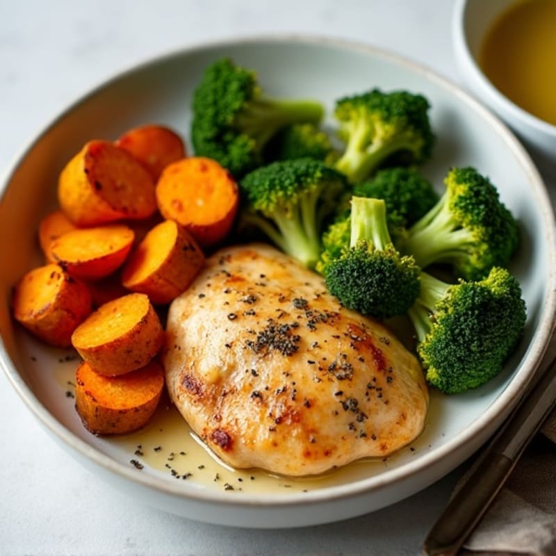 Lemon Garlic Roasted Chicken with Crispy Roasted Broccoli and Sweet Potatoes