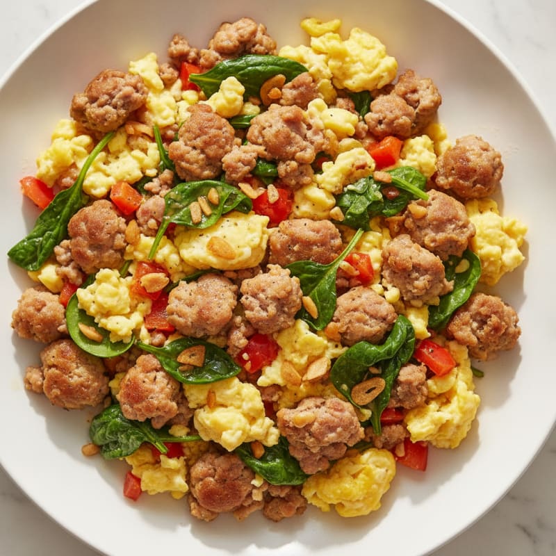 Crispy Pork Sausage and Egg Scramble with Spinach