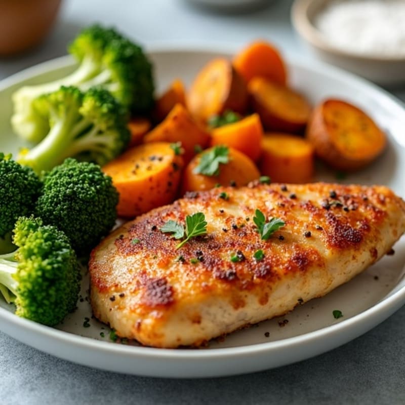 Crispy Air Fryer Chicken with Roasted Broccoli and Sweet Potatoes