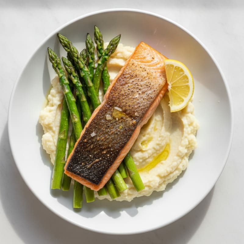 Seared Salmon with Roasted Asparagus and Cauliflower Mash