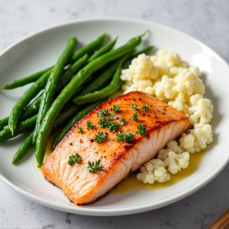 Seared Salmon with Steamed Green Beans and Cauliflower Mash