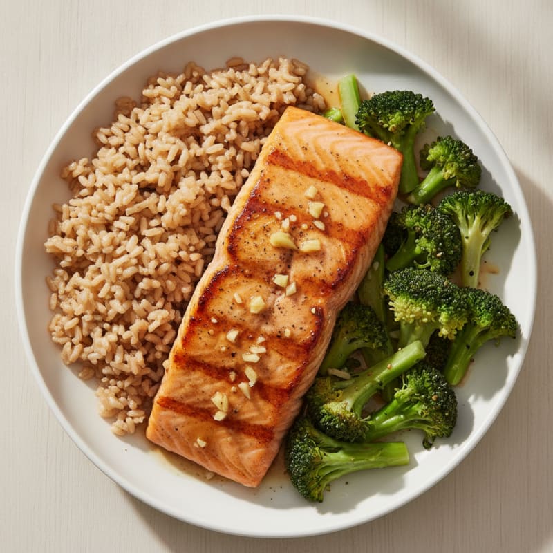 Ginger-Garlic Grilled Salmon with Steamed Broccoli and Brown Rice