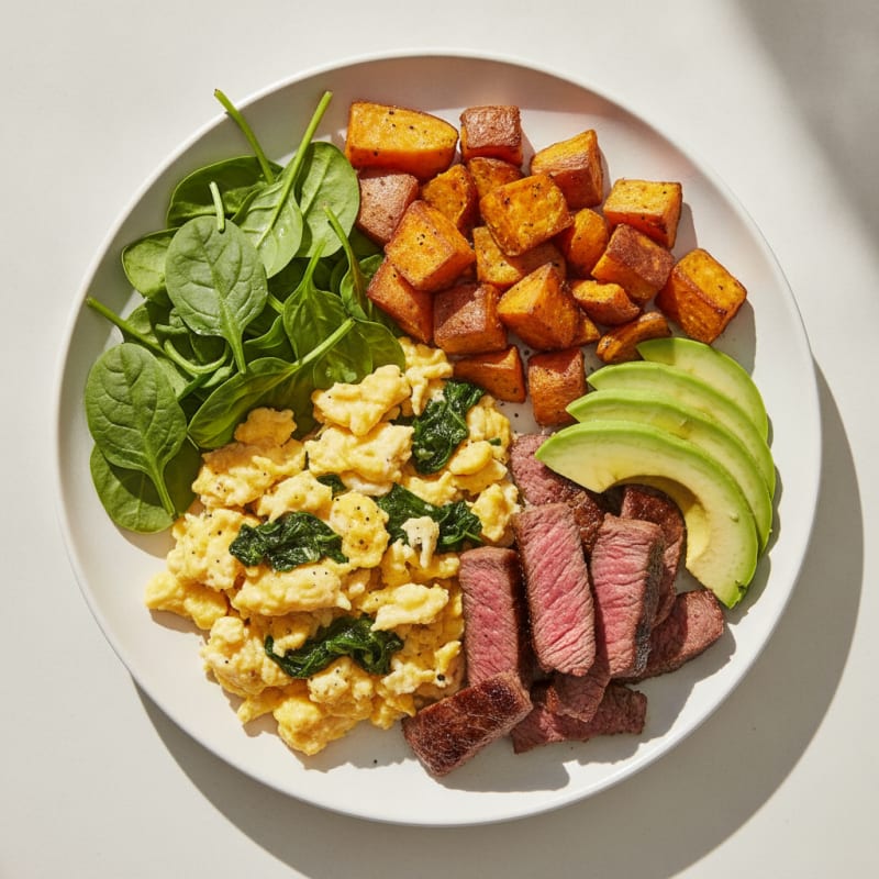 Scrambled Eggs with Sautéed Steak and Spinach