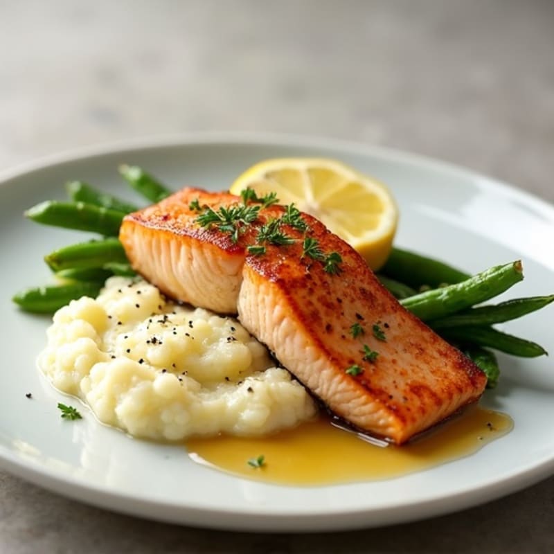 Seared Salmon with Lemon Garlic Green Beans and Cauliflower Mash