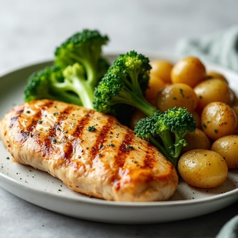 Grilled Chicken Breast with Steamed Broccoli and Herb Potatoes