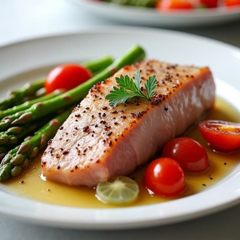 Seared Tuna with Roasted Asparagus and Cherry Tomatoes