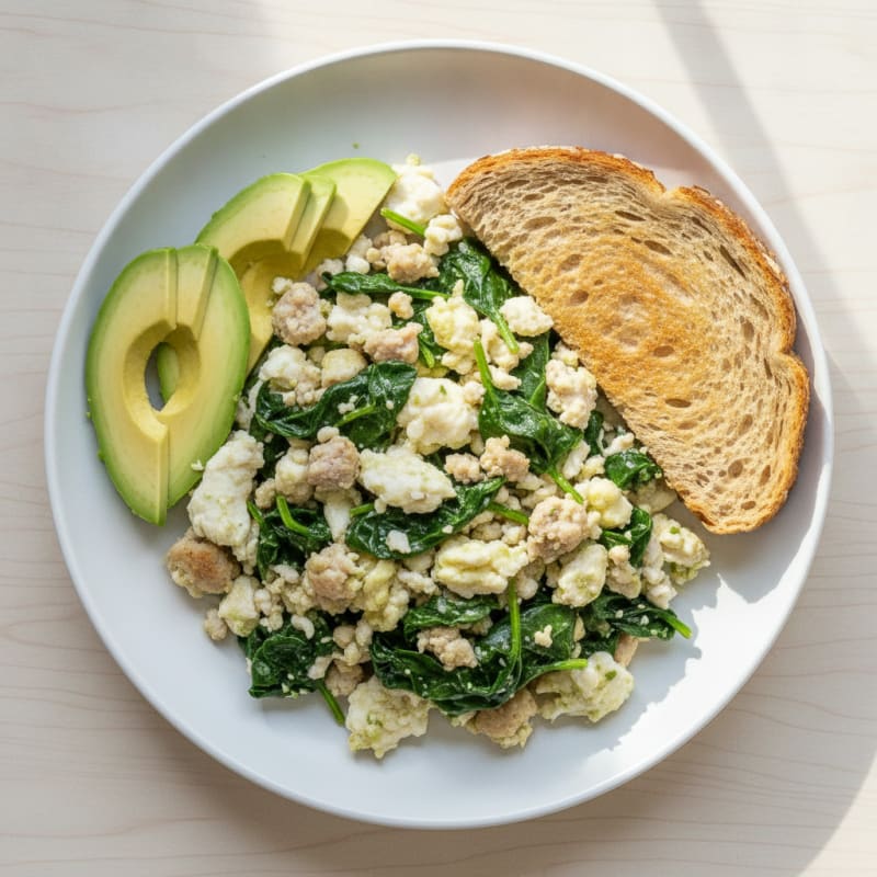 Egg White and Turkey Sausage Scramble with Sautéed Spinach