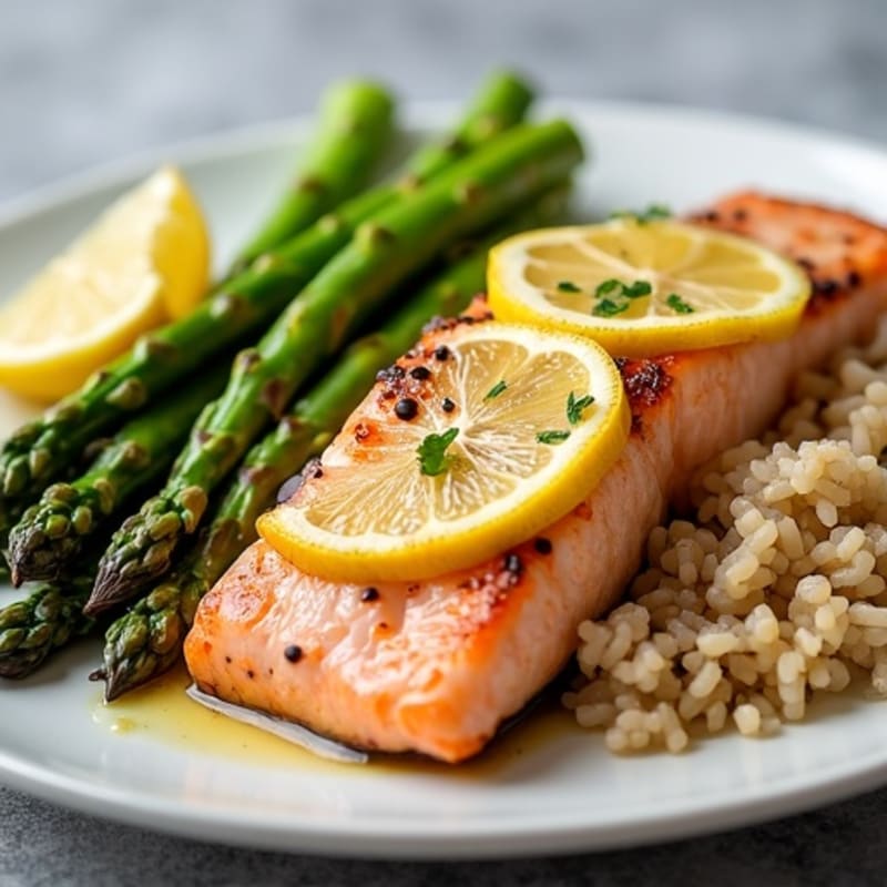 Seared Lemon Garlic Salmon with Steamed Asparagus and Brown Rice