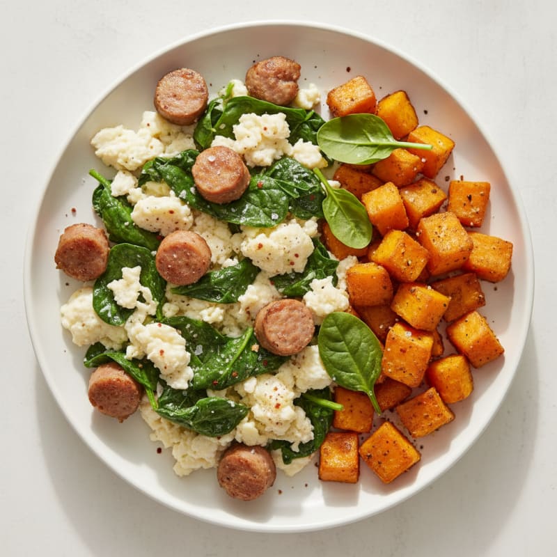 Egg White and Turkey Sausage Scramble with Spinach and Sweet Potato