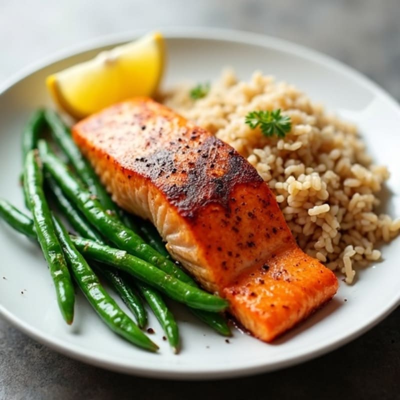 Seared Salmon with Steamed Green Beans and Brown Rice