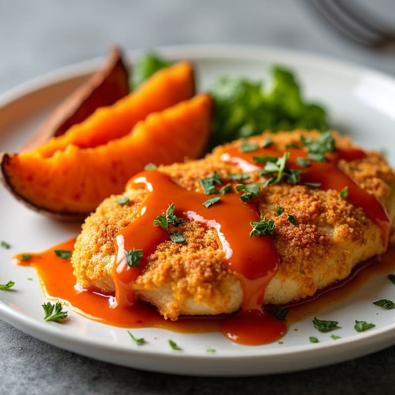 Crispy Baked Buffalo Chicken with Sweet Potato Wedges