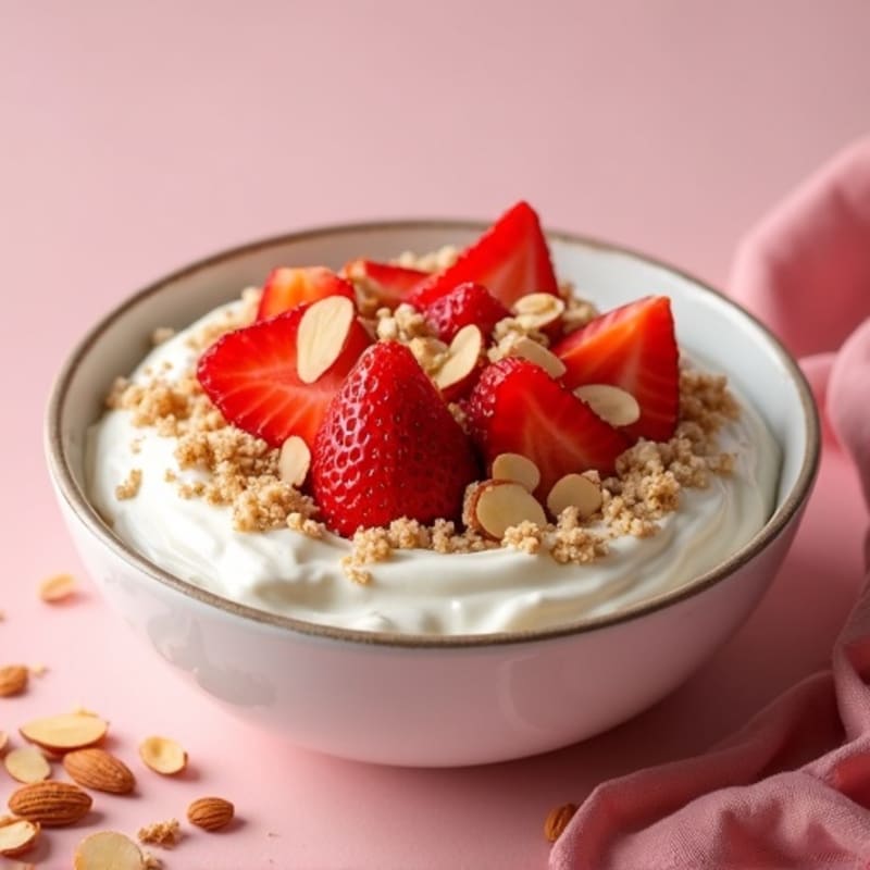Fresh Strawberry Vanilla Protein Bowl with Crispy Almond Crumble