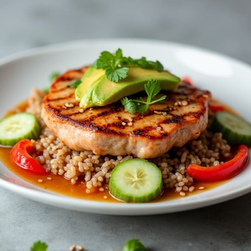 Sesame-Ginger Marinated Tuna with Brown Rice, Creamy Avocado, and Crisp Vegetables