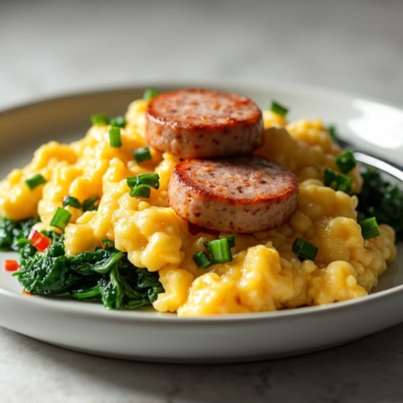 Egg White Scramble with Turkey Sausage and Sautéed Spinach