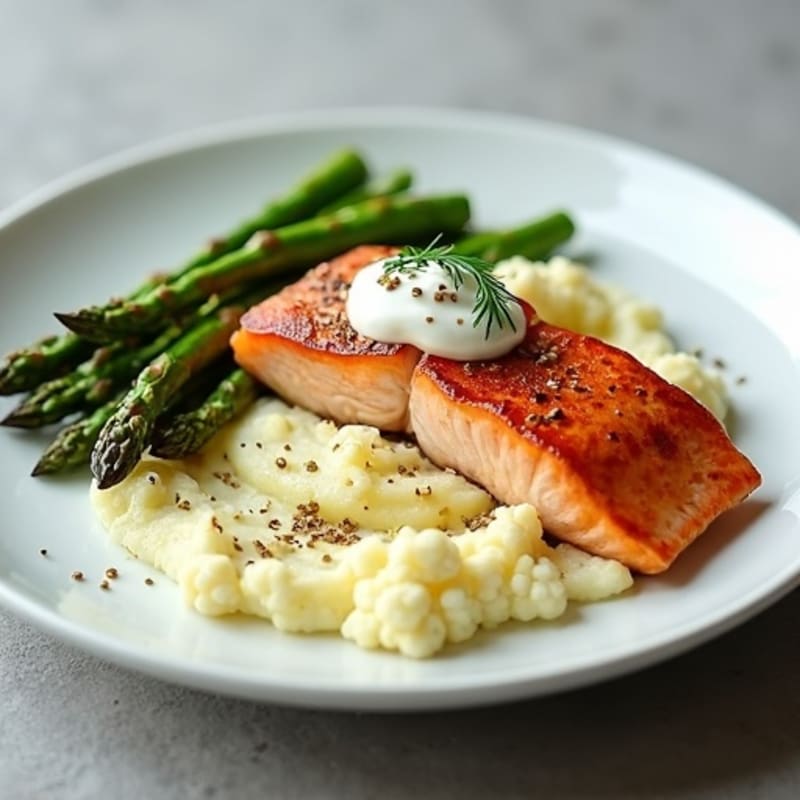Seared Salmon with Roasted Asparagus and Cauliflower Mash