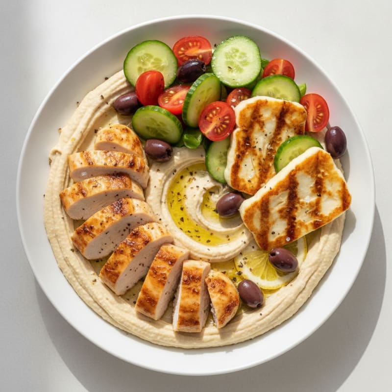 Hummus Platter with Grilled Halloumi and Olives