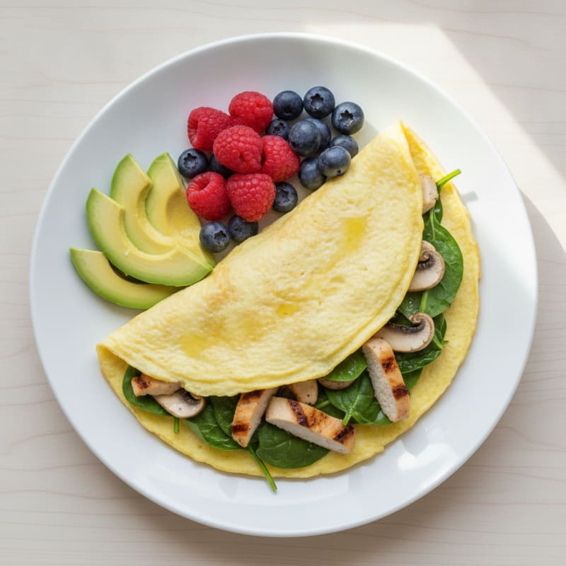 Spinach and Mushroom Egg White Omelet with Grilled Chicken