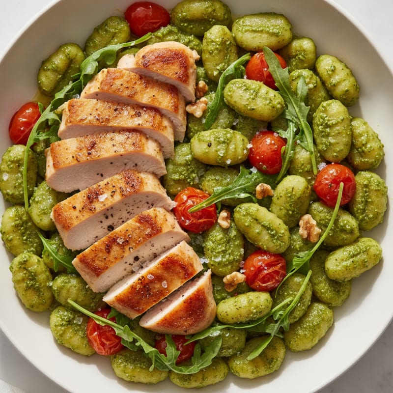 Gnocchi with Arugula Pesto and Seared Chicken