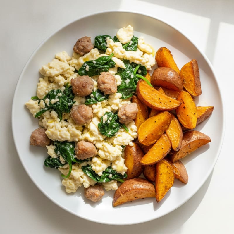 Egg White and Turkey Sausage Scramble with Spinach and Roasted Sweet Potatoes