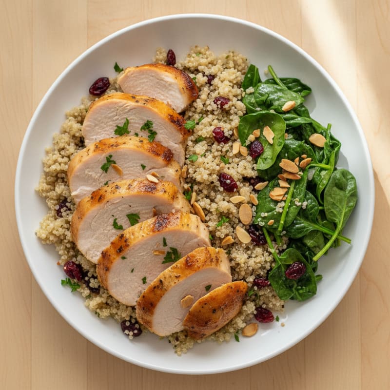 Roasted Turkey Breast with Herbed Quinoa and Sautéed Spinach