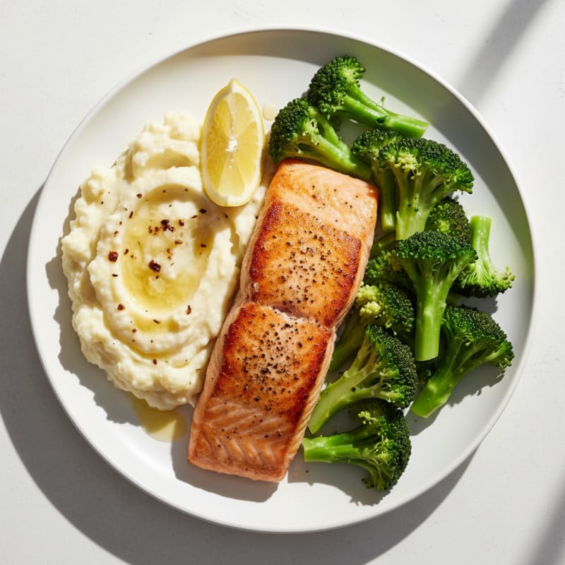 Seared Salmon with Steamed Broccoli and Garlic Mashed Cauliflower