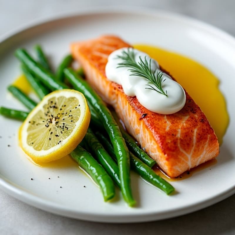 Seared Salmon with Steamed Green Beans and Lemon Dill Yogurt Sauce