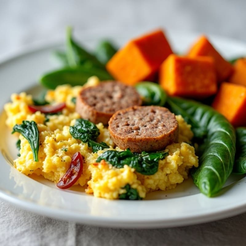 Egg White and Turkey Sausage Scramble with Spinach and Roasted Sweet Potato