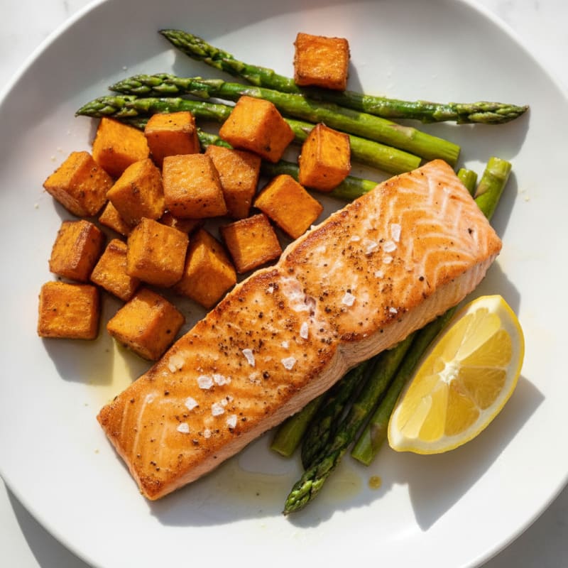 Seared Salmon Filet with Roasted Sweet Potatoes and Asparagus