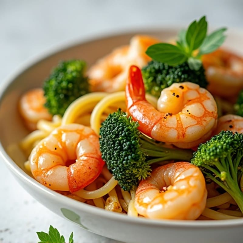 Lemon Garlic Butter Shrimp with Whole Wheat Linguine and Sautéed Broccolini