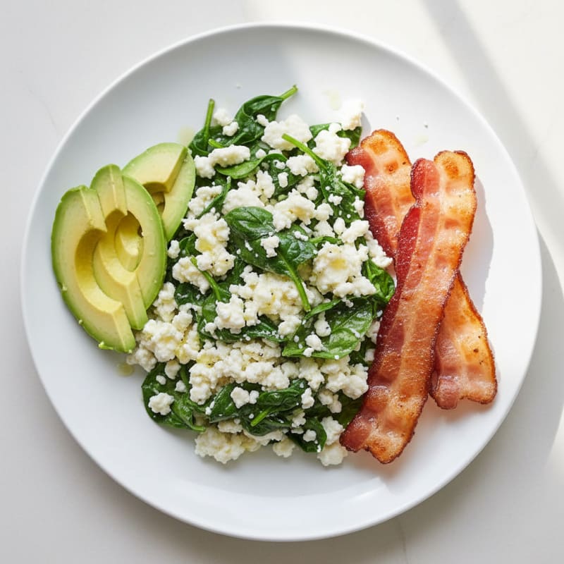 Egg White and Cottage Cheese Scramble with Spinach and Turkey Bacon