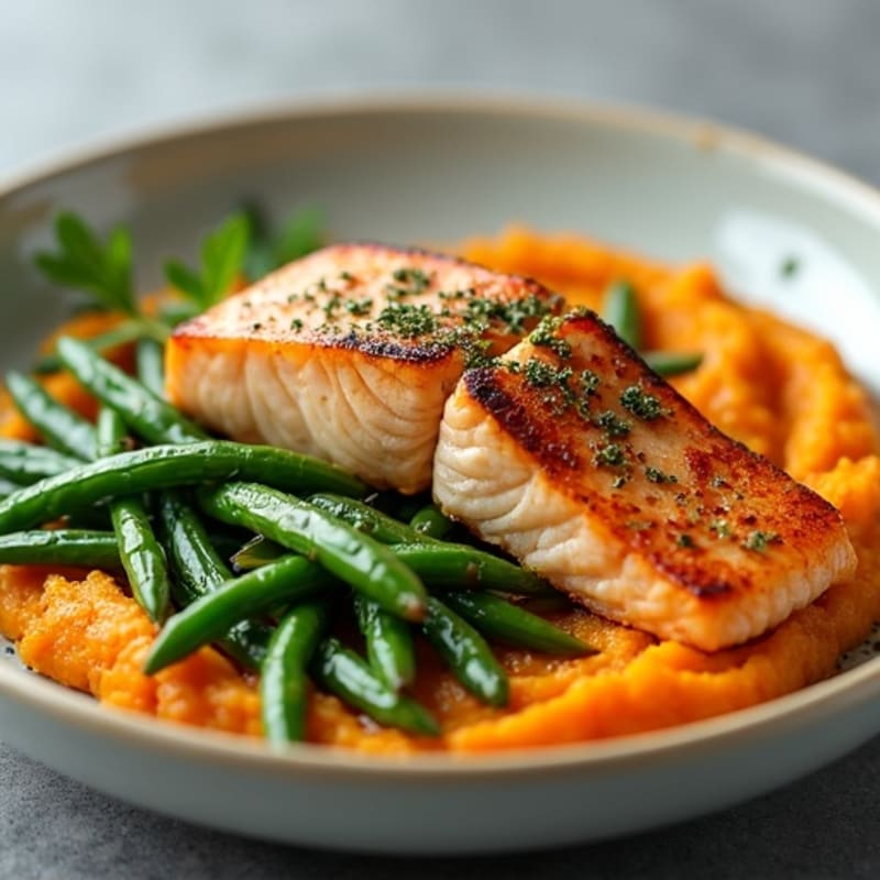 Seared Salmon with Garlic Green Beans and Sweet Potato Mash