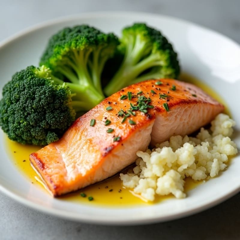Seared Salmon with Steamed Broccoli and Garlic Mashed Cauliflower