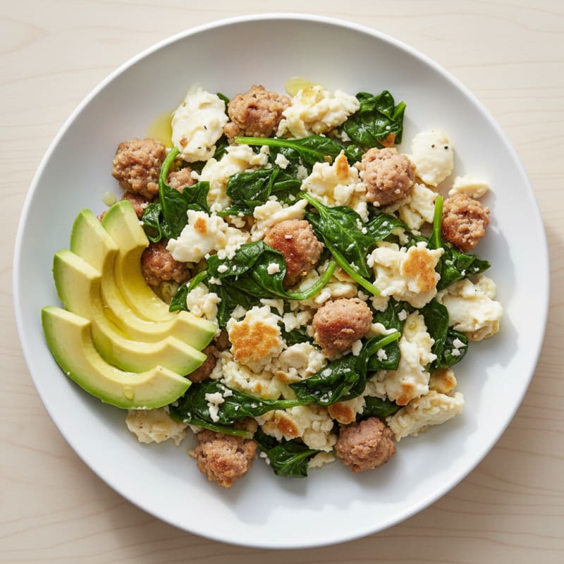 Egg White and Turkey Sausage Scramble with Sautéed Spinach