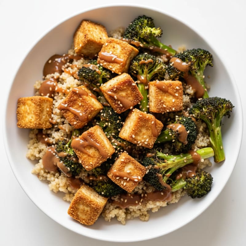 Crispy Tofu and Quinoa Power Bowl with Roasted Broccoli