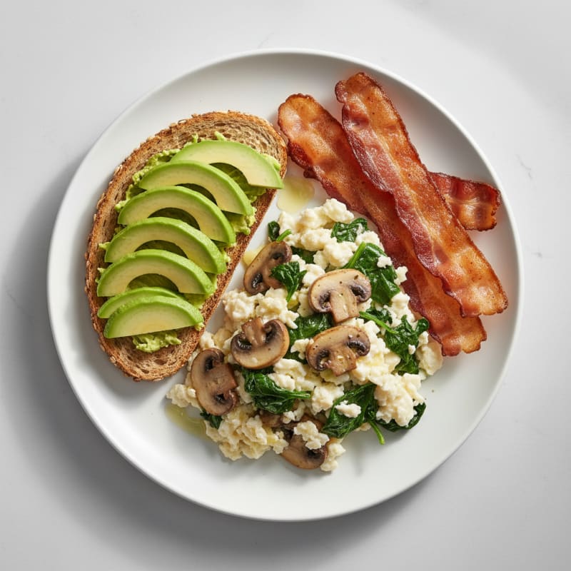 Egg White Spinach Scramble with Turkey Bacon and Sautéed Mushrooms