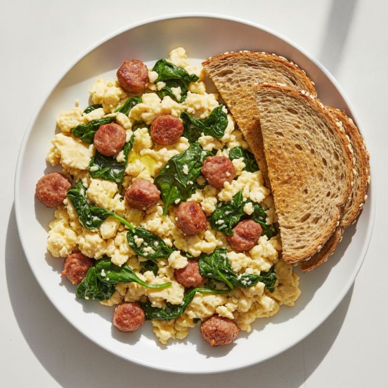 Egg White Scramble with Turkey Sausage and Sautéed Spinach
