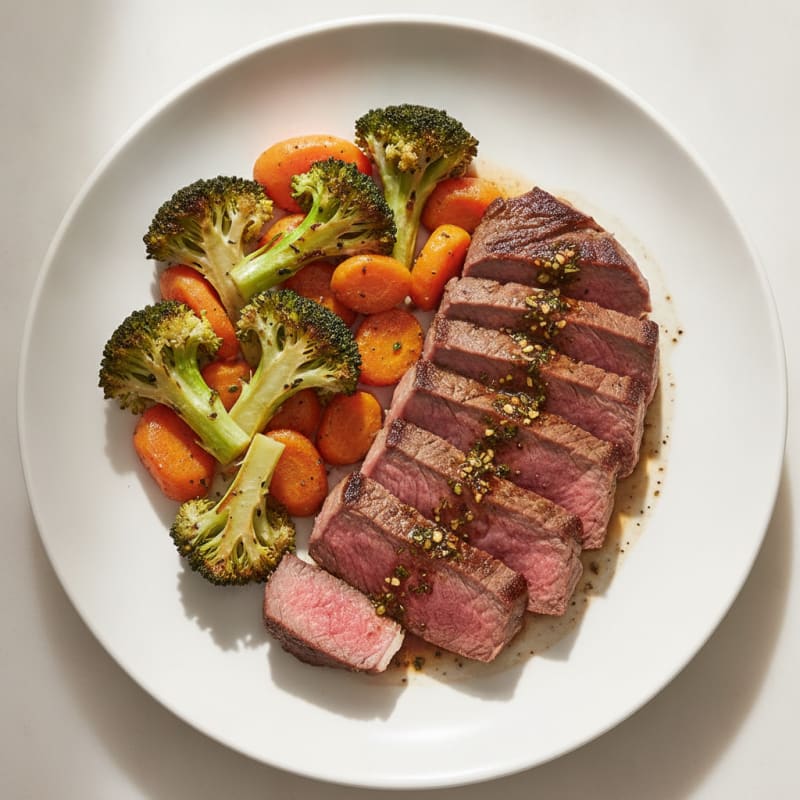 Seared Lean Beef with Roasted Broccoli and Carrots