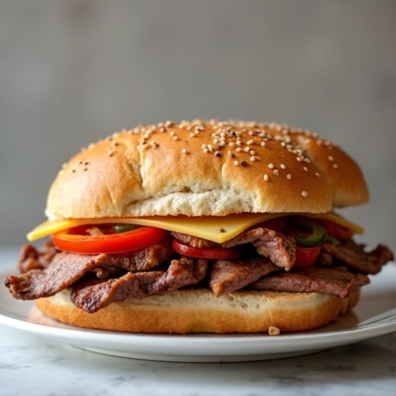 Lean Steak, Sautéed Onion, and Bell Pepper Sandwich with Melted Provolone