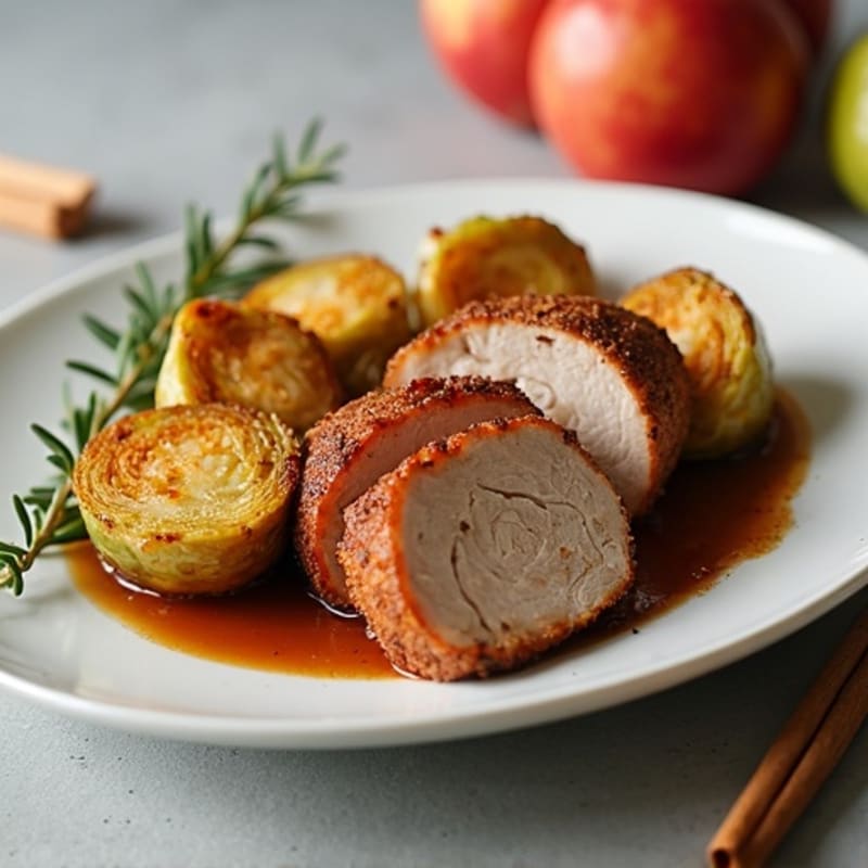 Roasted Pork Tenderloin with Cinnamon Apples and Crispy Roasted Brussels Sprouts