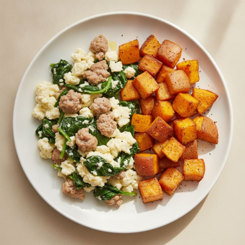 Egg White and Turkey Sausage Scramble with Spinach and Roasted Sweet Potatoes