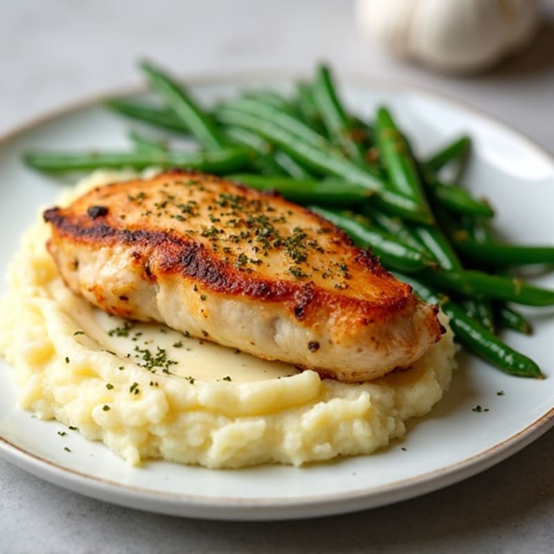 Pan-Seared Chicken with Creamy Garlic Mashed Potatoes and Roasted Green Beans