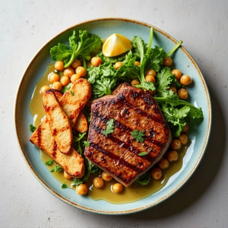 Grilled Beef Steak with Crispy Chickpea Salad and Lemon Tahini Dressing (with Chicken Boost)