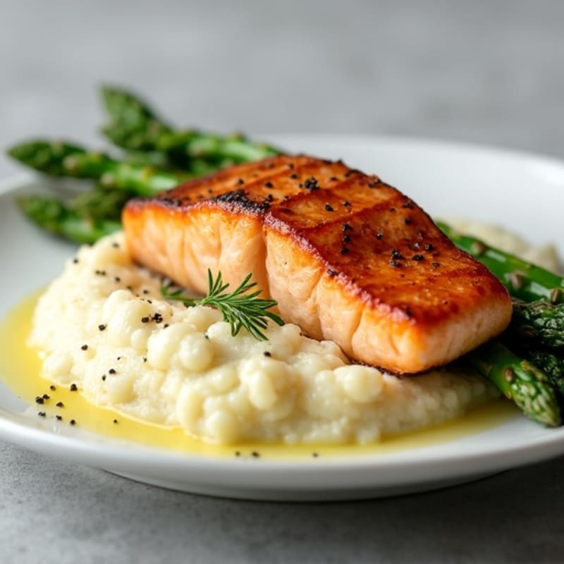 Seared Salmon Fillet with Steamed Asparagus and Cauliflower Mash