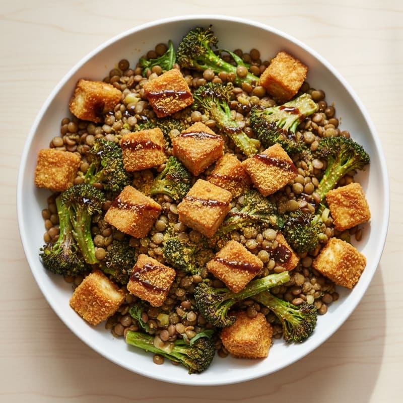 Crispy Tofu and Lentil Power Bowl with Roasted Broccoli