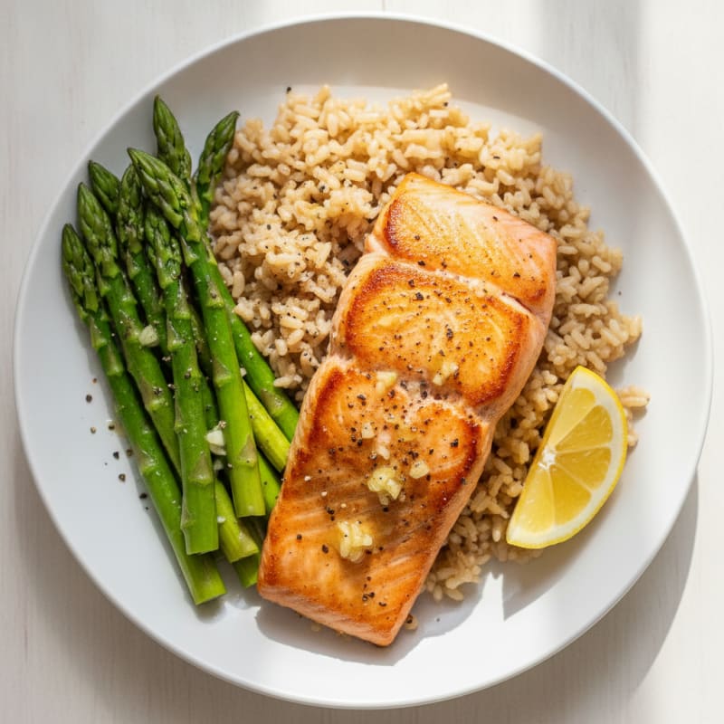 Seared Salmon with Steamed Asparagus and Brown Rice