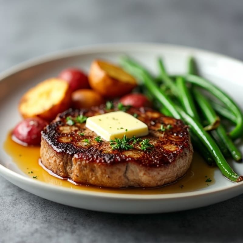 Pan-Seared Steak with Garlic Butter, Crispy Roasted Potatoes, and Roasted Green Beans