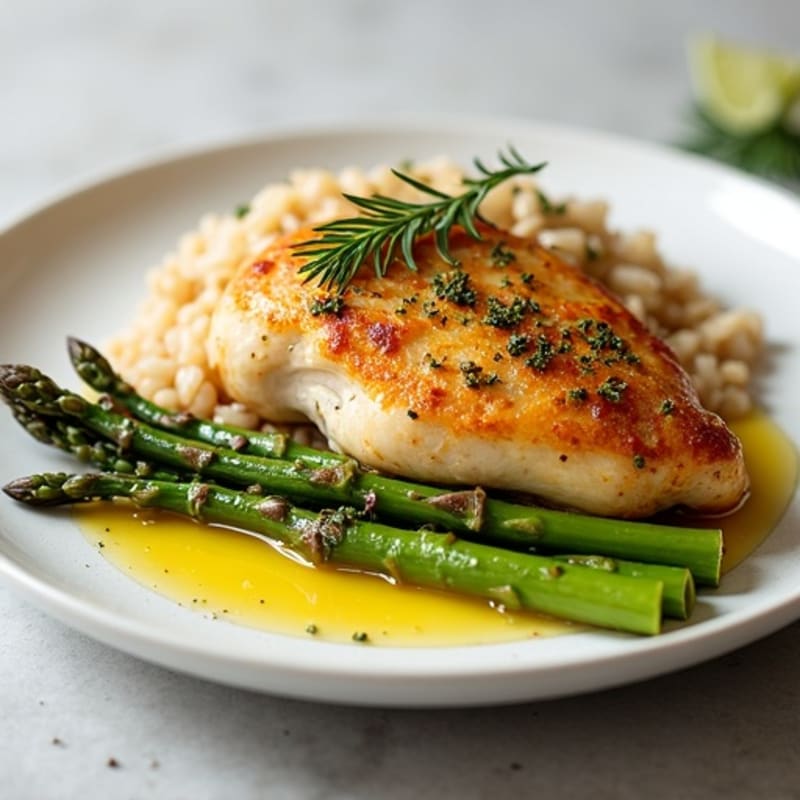 Crispy Lemon-Herb Roasted Chicken with Fluffy Brown Rice and Roasted Asparagus